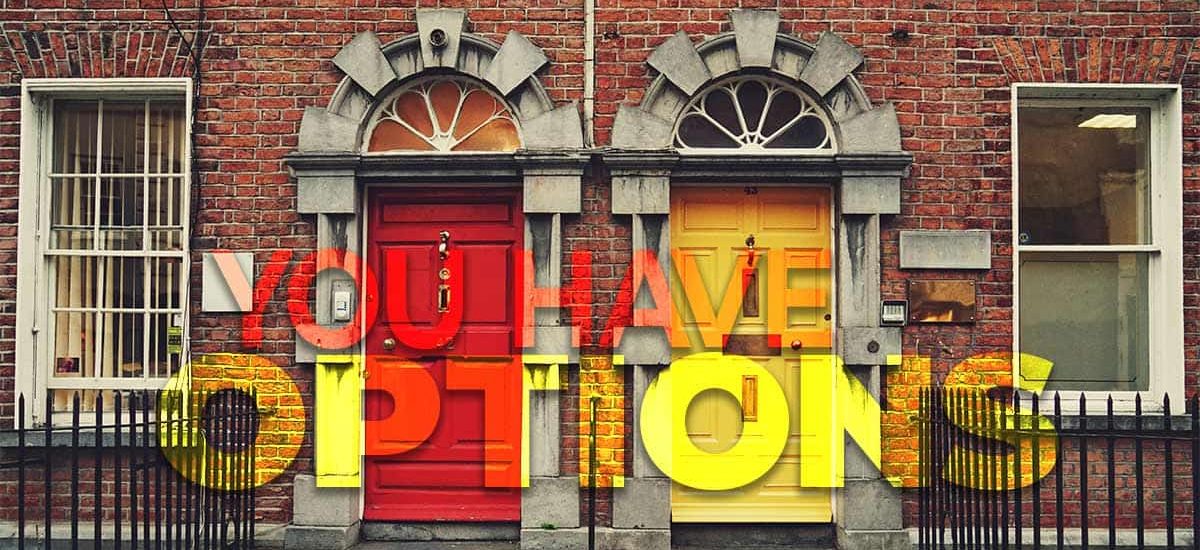 red brick building with one red door and one yellow door with text You Have Options